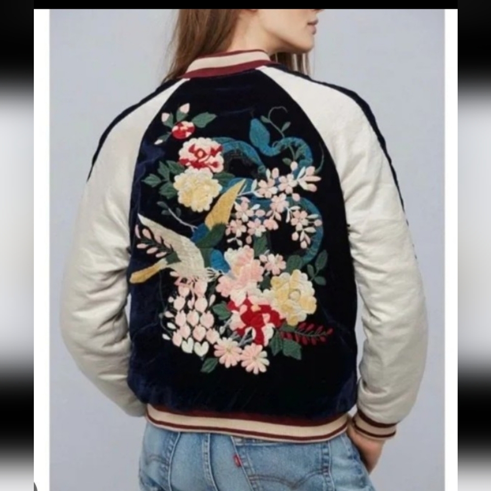 Free Peoplel Embroidered Bomber Jacket Sz MEDIUM